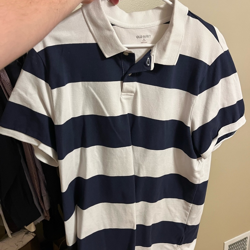 Old Navy Men's Polo Shirt - Dark Blue and White Stripes